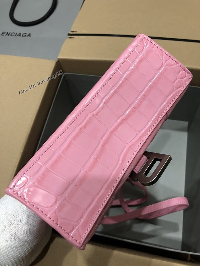 Balenciaga專櫃爆款小號手提女包 巴黎世家鱷魚新粉色銀扣Hourglass沙漏包 fyj1653